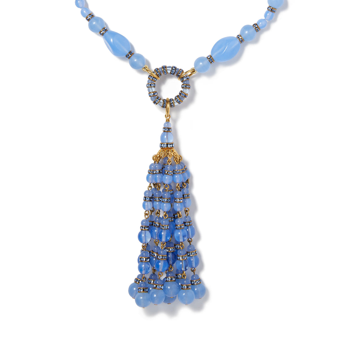 Merrichase Cornflower beaded blue crystal tassel necklace