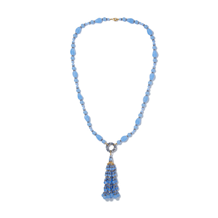 Merrichase Cornflower beaded blue crystal tassel necklace