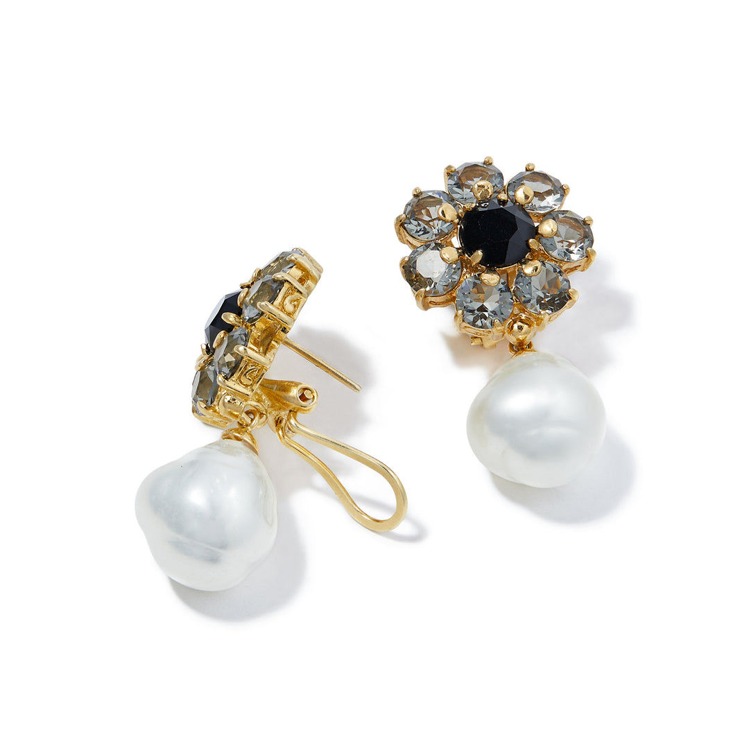 Merrichase Daisy drop flower dove grey crystal baroque pearl earrings