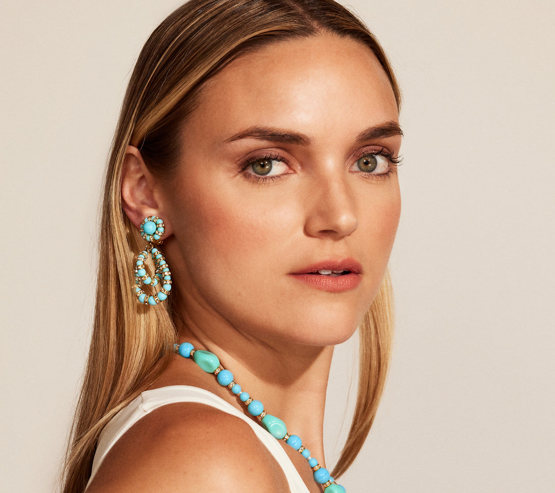 Merrichase Double helix turquoise crystal statement earrings