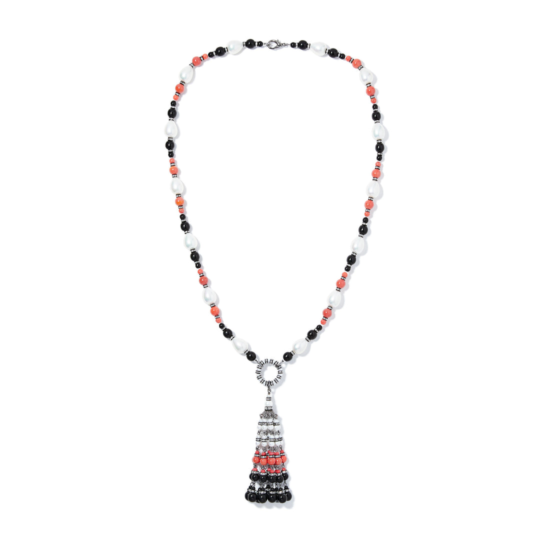 Merrichase Regal black red pearl crystal tassel necklace