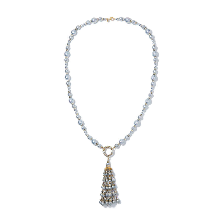 Merrichase Grey pearl beaded crystal gold tassel necklace