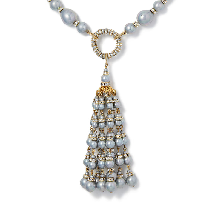 Merrichase Grey pearl beaded crystal gold tassel necklace