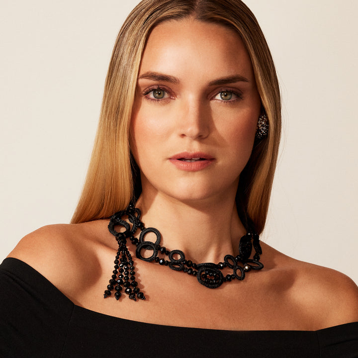Merrichase Tango black silk crochet tassel necklace