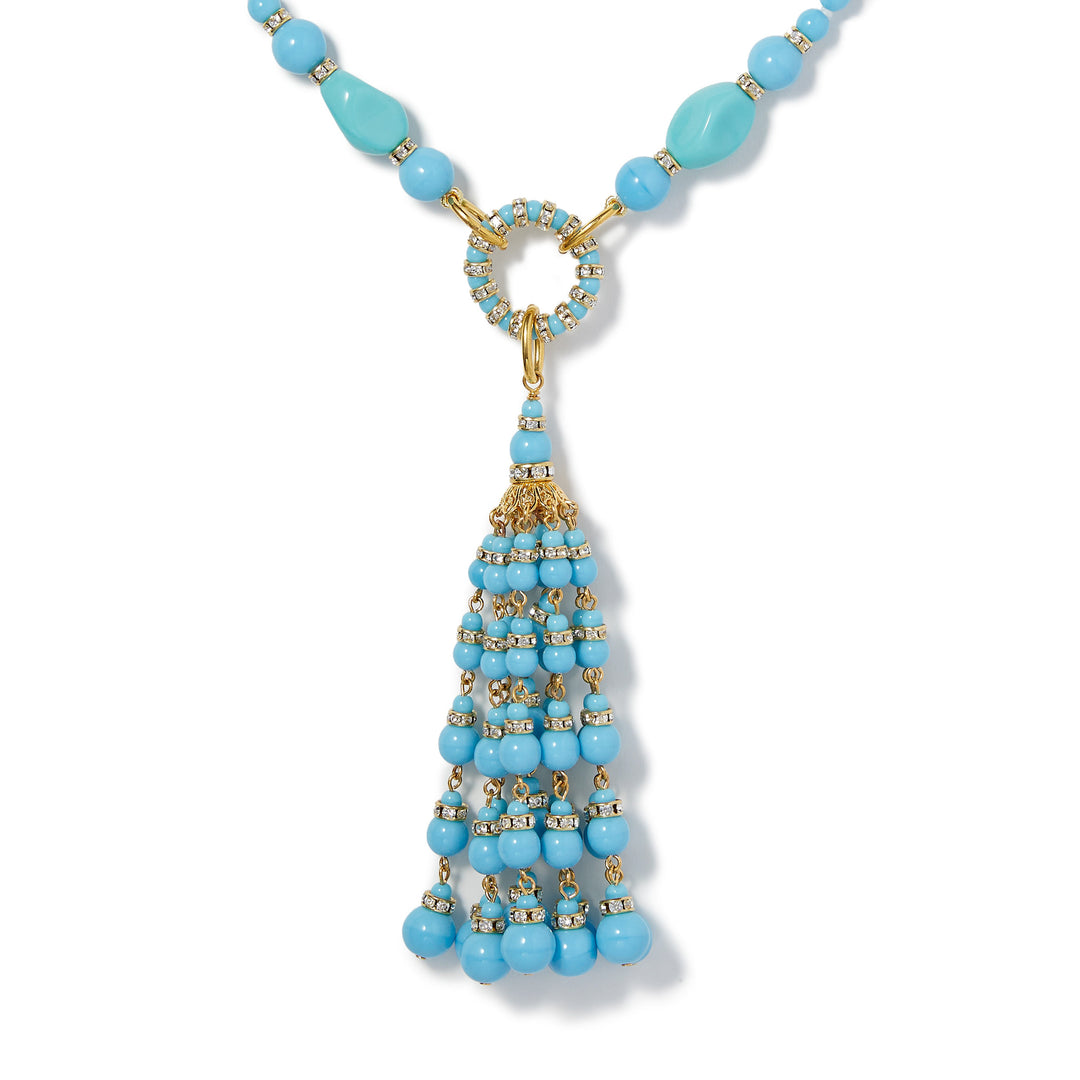 Merrichase Turquoise beaded crystal tassel necklace